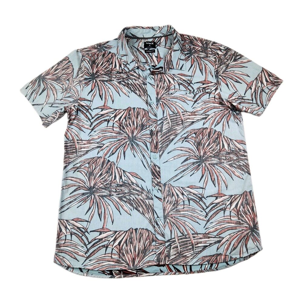 Hurley Tropical Hawaiian Short Sleeve Shirt Button-Up Palm Blue Mens XL Cotton